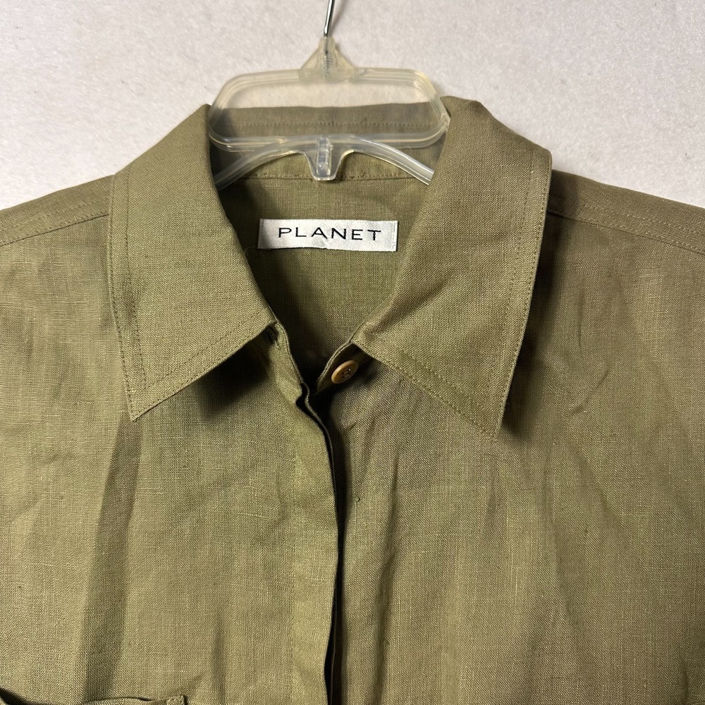 Planet Womens Shirt Dress sz 12 Olive green Pockets Collar Button 100% Linen - Picture 2 of 8